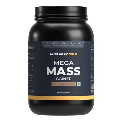 Nutrabay Gold Mega Mass Weight Gainer - 1 Kg (2.2 Lb), Rich Chocolate Creme
