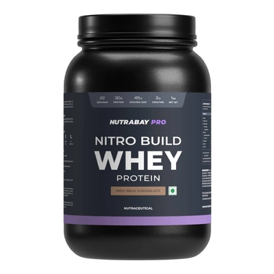 Nutrabay Pro Nitro Build Whey Protein - 1 Kg (2.2 Lb), Rich Milk Chocolate