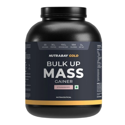 NUTRABAY Gold Bulk Up Mass Gainer - 3 Kg (6.6 Lb), Strawberry