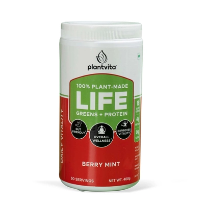 PlantVita Life Greens + Protein Berry Mint With 18 Super Greens + 4g Plant Protein, 4 Berry Extracts & Zero Sugar