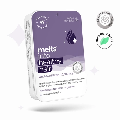 Wellbeing Nutrition Melts Healthy Hair With Plant Based Biotin 10000mcg